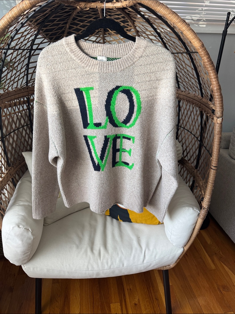 a new day Cream Crewneck Sweater with Green & Navy LOVE Graphic